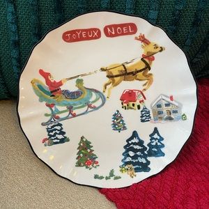 Anthropologie Christmas Plate Joyeux Noel Sleigh and Reindeer Nathalie Lete